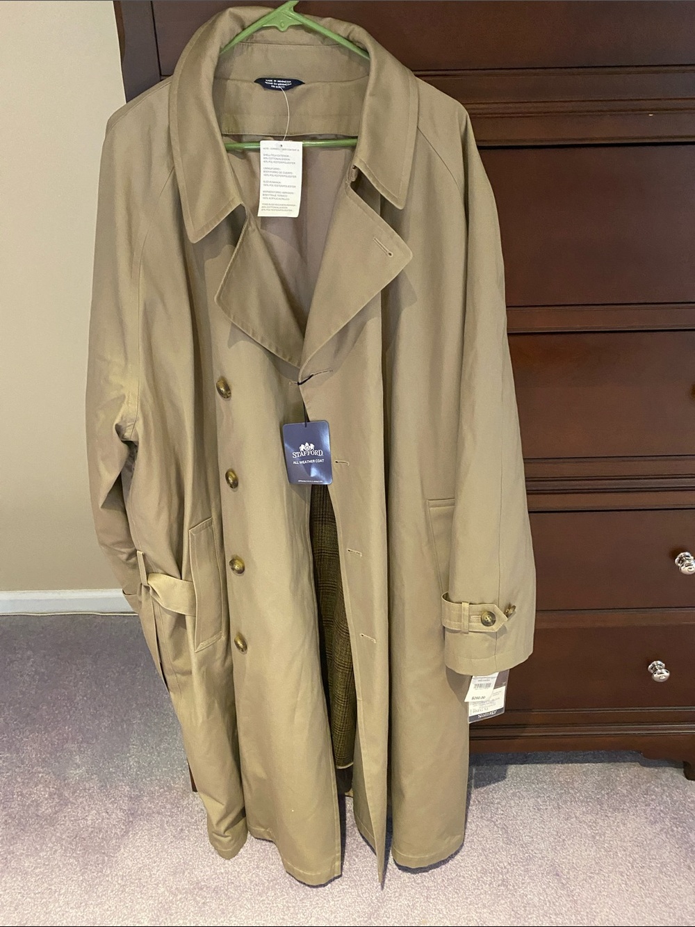 NWT Stafford Men's Khaki Trench Coat - Double-Breasted Overcoat